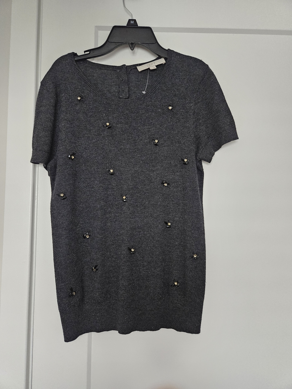 LOFT Dark Gray Short Sleeve Embellished Sweater Top